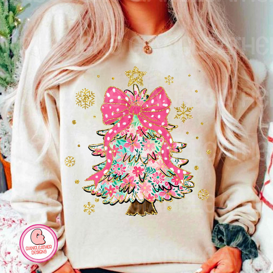 Colorful Tree with pink bow and snowflakes